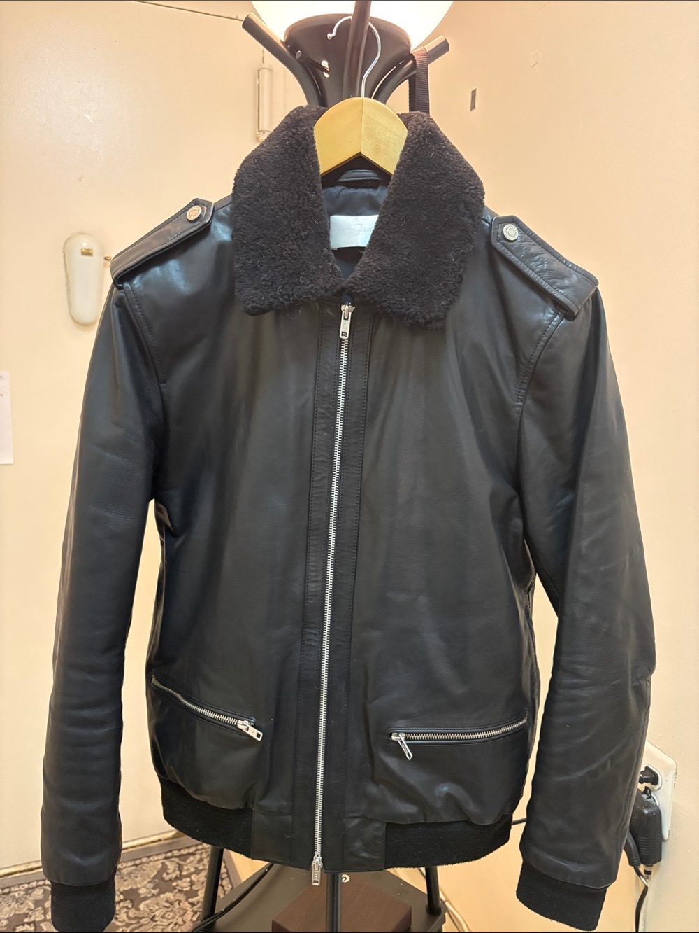 7 For All Mankind Black Leather Bomber Jacket with Shearling Collar